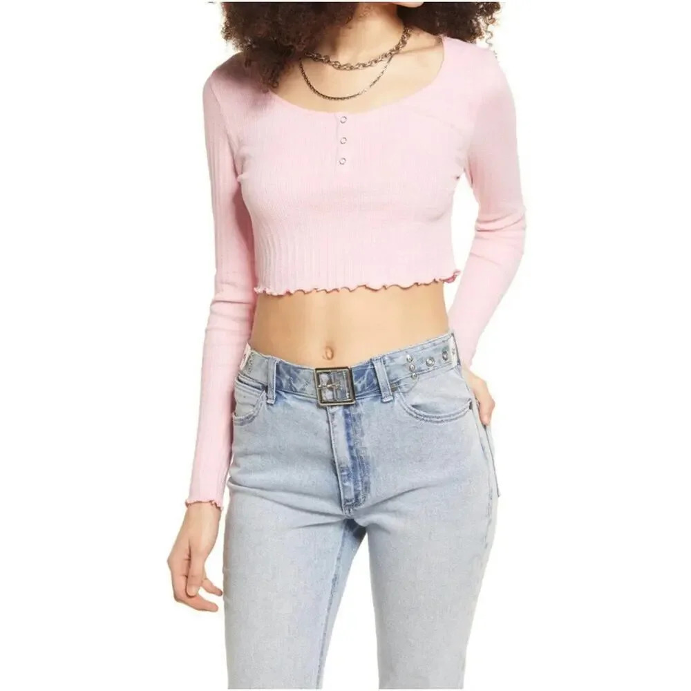 NEW BP Women Size Small Pink Long Sleeve Crop Henley Thermal Top